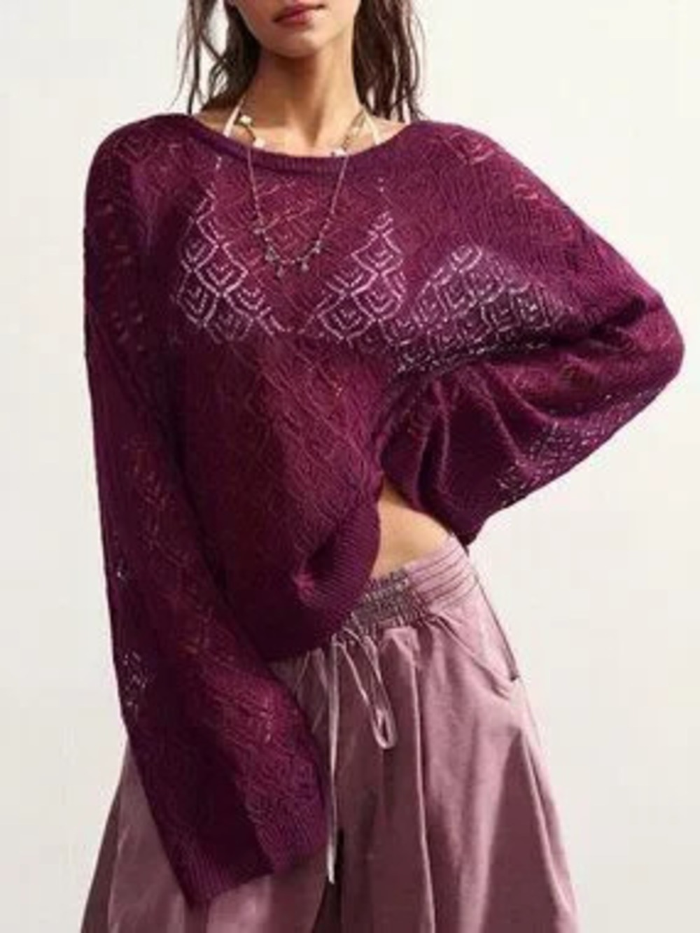 Burgundy Casual Women's Hollow Out Long Sleeve Loose Sweater
